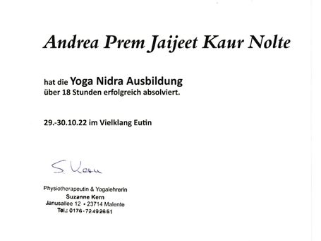 Ausbildungszertifikat Andrea Prem Jaijeet Kaur Nolte für Yoga Nidra by Suzanne Kern Eutin - Kundalini Yoga Meditation Entspannung Hannover