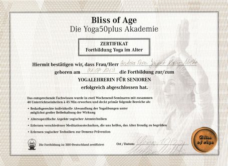 Ausbildungszertifikat Andrea Prem Jaijeet Kaur Nolte Stuhlyoga an der Yoga50plus Akademie - Kundalini Yoga Meditation Entspannung Hannover