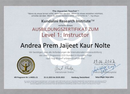 Ausbildungszertifikat Andrea Prem Jaijeet Kaur Nolte Kundalini Lehrerinnen Ausbildung Stufe 1 Meditation Entspannung Hannover